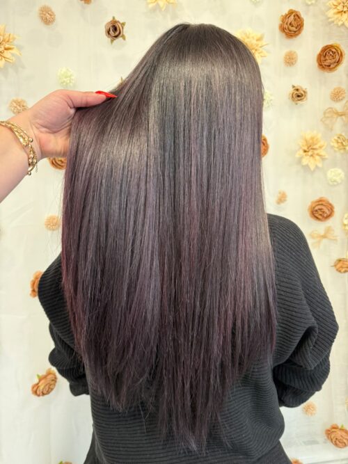 Coloration prune sur cheveux longs lissés – Line-Ay Coiffure Bonneville